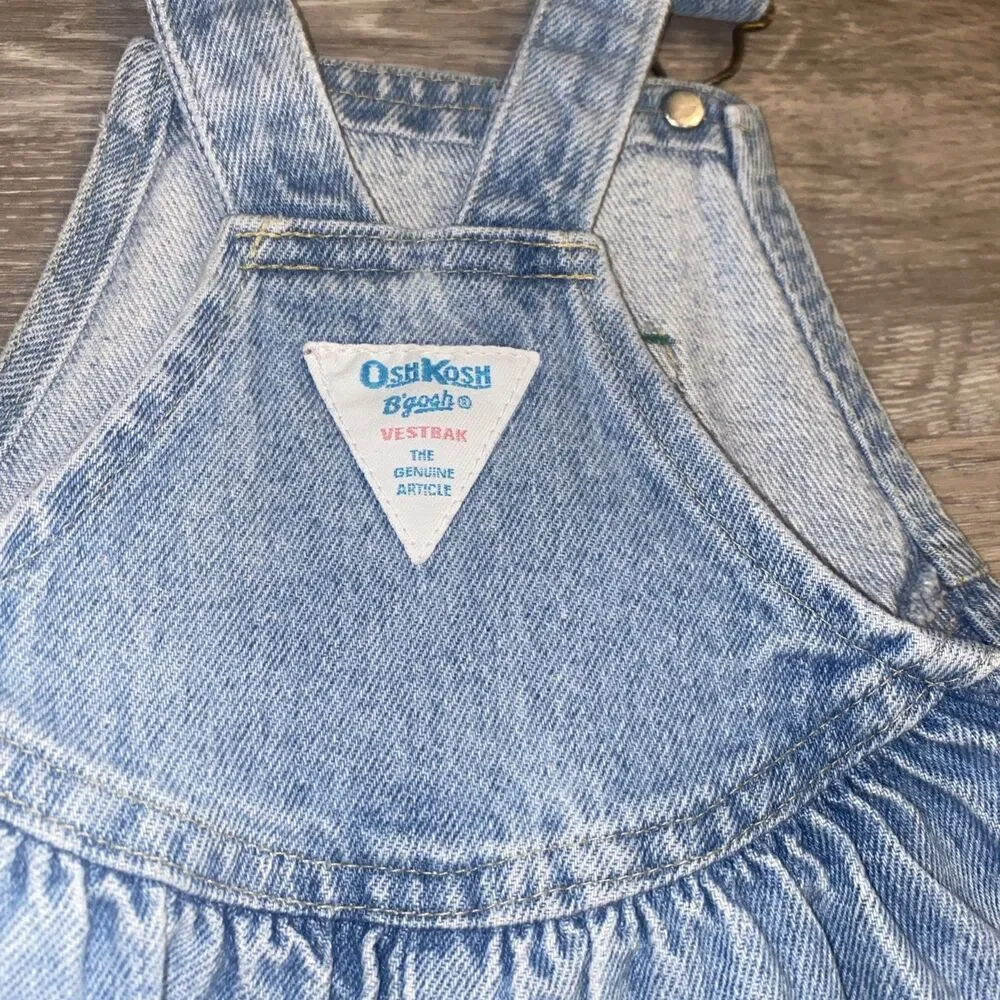 VTG OshKosh B’gosh Overalls 4T Pink Patch Snap Leg Blue Denim Bib Pants Toddler